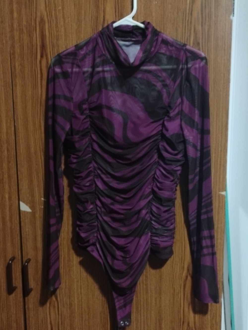 Nine West Purple and Black Ruched Long-Sleeve Bodysuit